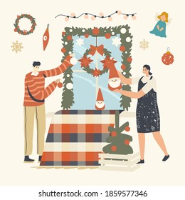 Happy Male and Female Characters Prepare for New Year and Xmas Winter Season Holidays Celebration Hanging Christmas Decor Garland, Balls, Toys for Decorating Window. Linear People Vector Illustration