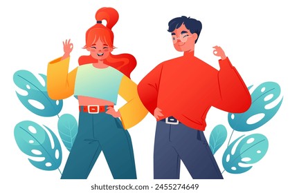 Happy male and female characters showing OK symbol, body language, people showing positive gesture, satisfied cheerful boy and girl emotions, approval gesturing, non-verbal communication