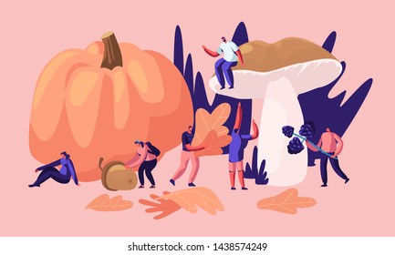 Happy Male and Female Characters Spend time Outdoors in Autumn Season, Pick Up Fallen Yellow Leaves, Mushrooms, Berries, Pumpkin Crop, Acorn. Fall Outdoor Activity. Cartoon Flat Vector Illustration