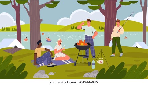 Happy male and female characters are spending time at barbeque at the river bank together. Concept of spending leisure time with friends outdoors along the river. Flat cartoon vector illustration