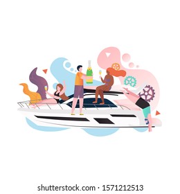 Happy male and female characters taking boat trip, vector illustration. Young people jumping in water, sunbathing on deck and drinking champagne. Yacht travel, summer vacation, sea cruise concept.