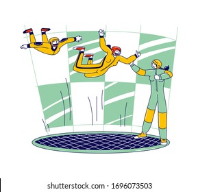 Happy Male and Female Characters Training with Coach in Vertical Glass Wind Tunnel. Extreme Sports Experiment, Skydiving Simulation, Free Fall Aerobatic Exercising. Linear People Vector Illustration