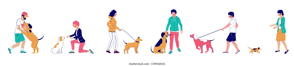 Happy male and female characters walking and playing with pet dogs, vector flat illustration isolated on white background. Dog walkers, trainers.