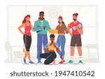 Happy Male and Female Characters Wearing Sports Clothes and Sneakers Stand Together in Gym with Sport Equipment Mat, Jump Rope and Chain. Athlete People Workout Exercises. Cartoon Vector Illustration