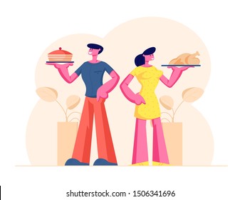 Happy Male and Female Couple Characters Holding Trays with Home Food Bakery Cake and Fried Chicken. Husband and Wife Inviting Guests for Party or Family Event. Cartoon Flat Vector Illustration