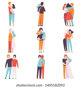 Happy Male and Female Embracing Each Other Set, People Celebrating Event, Couples in Love, Best Friends Vector Illustration