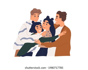 Happy male and female friends hugging. People meeting and embracing together. Concept of friendship and reunion. Colored flat vector illustration of smiling teenagers isolated on white background