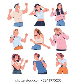 Happy Male and Female with Headphones Listening to Music and Dancing Vector Set