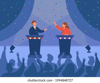 Happy male and female politicians greeting each other on stage. Speakers standing at rostrum, having debate in front of audience flat vector illustration Politics, government, public talk concept