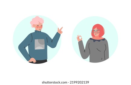 Happy Male and Female Showing Ok Sign and Winking as Positive Hand Gesture in Circular Frame Vector Set