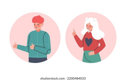 Happy Male and Female Showing Positive Hand Gesture in Circular Frame Vector Set