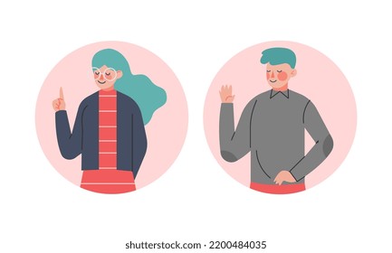 Happy Male and Female Showing Positive Hand Gesture in Circular Frame Vector Set
