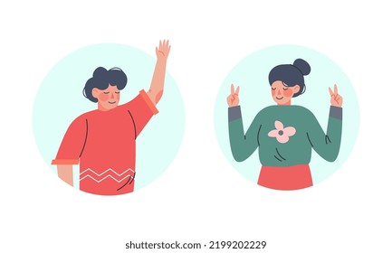 Happy Male and Female Showing V Sign and Waving Hand as Positive Gesture in Circular Frame Vector Set