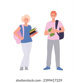 Happy male and female students cartoon characters with books stack and backpacks isolated on white