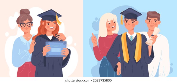 Happy male and female students are celebrating graduation in robe standing together with mom and dad. Proud parents are smiling with their chidren. Academic degree. Flat cartoon vector illustration