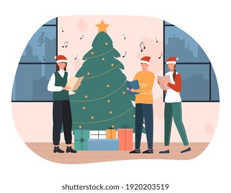 Happy male and femalecharacters in Santa hats singing christmas carols. Concept of winter holidays. Xmas singers caroling choir at home. Flat cartoon vector illustration