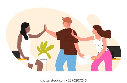 Happy male friends give high five together vector illustration. Cartoon team of young people with joy showing positive gesture of trust and support, friendship and meeting