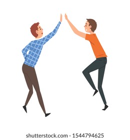 Happy Male Friends Giving High Five to Each Other, Meeting of Two People, Greeting of Partners Vector Illustration
