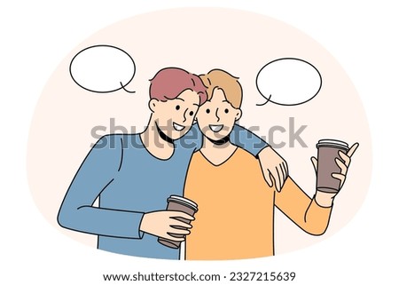 Happy male friends hugging drinking coffee. Smiling guy embrace have fun enjoy takeaway beverage. Friendship and unity. Vector illustration.
