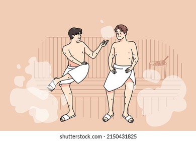 Happy male friends in towels relax in sauna on weekend together. Smiling men enjoy bathhouse relaxation, rest in spa or wellness center. Relaxation and recreation. Vector illustration. 