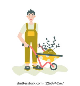 Happy male gardener with wheelbarrow . Flat style vector character.