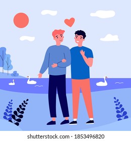 Happy Male Gay Couple Dating Outdoors. Men In Love Walking At Lake With Swans Flat Vector Illustration. Homosexual Relationships, Romance Concept For Banner, Website Design Or Landing Web Page