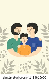 Happy male gay couple with foster son. Gay parents with child. Vector illustration. 