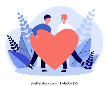 Happy Male Gay Couple Holding Red Heart. Homosexual Men, LGBT, Dating Flat Vector Illustration. Relationship, Love, Marriage Concept For Banner, Website Design Or Landing Web Page