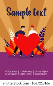 Happy male gay couple holding red heart. Homosexual men, LGBT, dating flat vector illustration. Relationship, love, marriage concept for banner, website design or landing web page