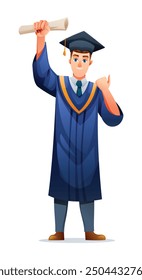 Happy male graduate raising diploma in academic cap and gown, celebrating achievement. Vector cartoon character illustration