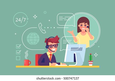 Happy male helpline operator with headset consulting a client. Online global tech support 24/7. Operator and customer. Technical support concept. Vector illustration in flat design.