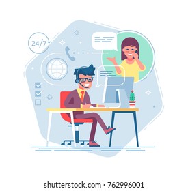 Happy Male Helpline Operator With Headset Consulting A Client. Online Global Tech Support 24/7. Operator And Customer. Technical Support Concept. Vector Illustration In Flat Design.