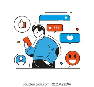 Happy male holding smartphone with viral entertainment media content vector flat illustration. Man social networks user watching video, photo, listening audio popular cyberspace information isolated