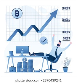 Feliz inversor o comerciante masculino en un lugar de trabajo moderno. Gráfica de bitcoin de rápido crecimiento, beneficio financiero. Inversiones exitosas, ahorros en criptodivisa. Estrategia de compra de bitcoin. Vector de estilo plano de moda