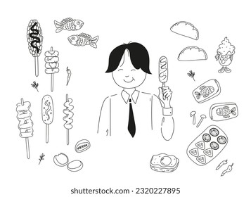 A happy male Korean office worker holds a dish of Korean street food in his hands. Hand drawn vector doodle line  of korean street food icon set.