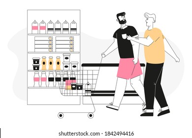 Happy Male LGBT Couple Shopping At Dairy Department Grocery Shop. Gay Men Family Buys Food In Supermarket Together. Vector Character Linear Illustration Of Love Diversity, Relationship, Daily Routine