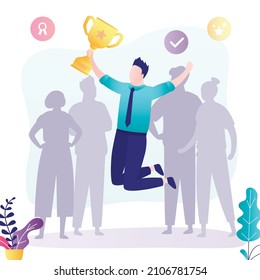 Happy Male Manager Or Employee In Jump. Businessman Holds Winner Cup. First Place, Best Worker. Award Ceremony. Handsome Man With Reward. Various People Silhouettes On Background. Vector Illustration