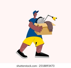 Hombre feliz mudándose a una casa nueva. Hombre joven que sostiene la caja con los artículos del hogar. Ilustración vectorial del concepto de reubicación