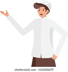 Happy Male Muslim Character - Vector waist up muslim character pointing, explaining, and presenting something suitable for islamic design assets
