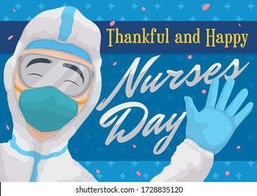 Happy Male Nurse Wearing Its Cleanroom Suit And PPE, Saluting At You Under A Confetti Shower Celebrating Nurses Day And Giving Thanks To Them.