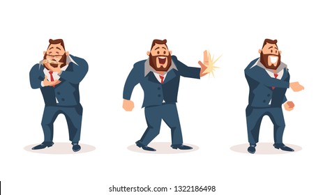 Happy Male Office Worker Character Wear Suit Set. Man Smell Slice of Pizza. Smiling Boss give High Five. Coworker or Businessman with Beard Shake Hand. Flat Cartoon Vector Illustration