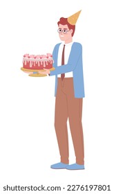 Happy male office worker holding birthday cake semi flat color vector character. Editable figure. Full body person on white. Simple cartoon style spot illustration for web graphic design and animation