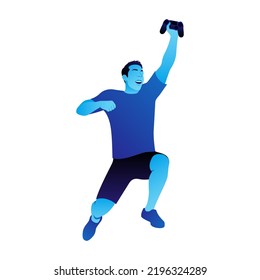Happy Male Player Jumps with Console in Hand. Vector illustration