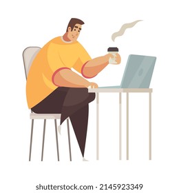 Happy male programmer working on laptop and drinking hot coffee from plastic cup flat vector illustration