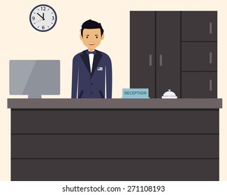 Happy male receptionist standing at hotel. Vector illustration