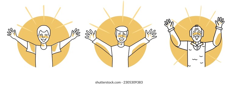 Happy male set circle icons. Young, adult and old men with emotion of happiness, smiling, open arms, joyful sun rays. Orange color, line art drawing human characters.