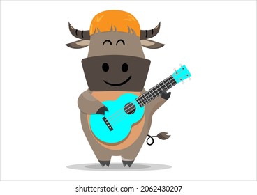 happy male smiling buffalo playing blue ukulele, isolated on white. vector illustration