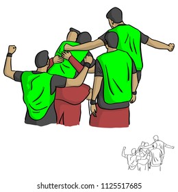 happy male soccer player team after goal vector illustration sketch doodle hand drawn with black lines isolated on white background