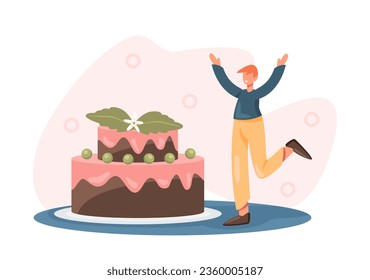 Happy male stand near big cake with stevia. Healthy food concept. Young human use sweetener in daily diet. Flat vector illustration in cartoon style and green and red colors