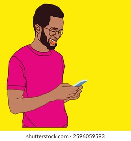happy male student going through his mobile phone messages